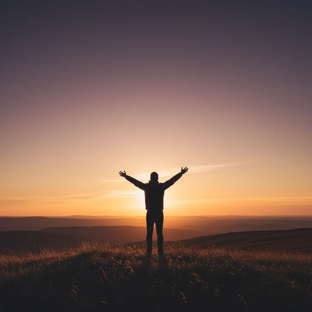 Silhouet van een anoniem persoon op een heuvel bij zonsondergang, armen licht geheven, positieve stemming