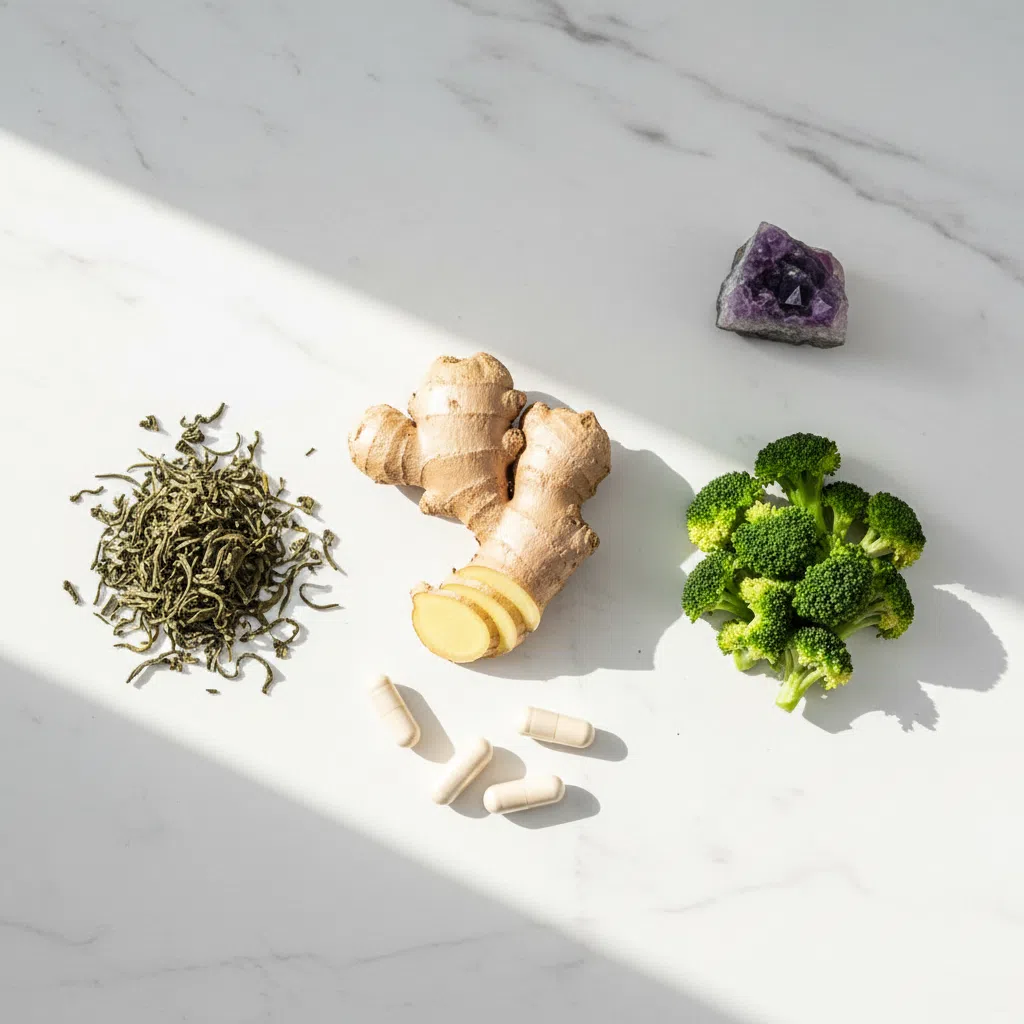 Flatlay van natuurlijke supplementingrediënten: gember, groene thee en zaden op een marmeren ondergrond