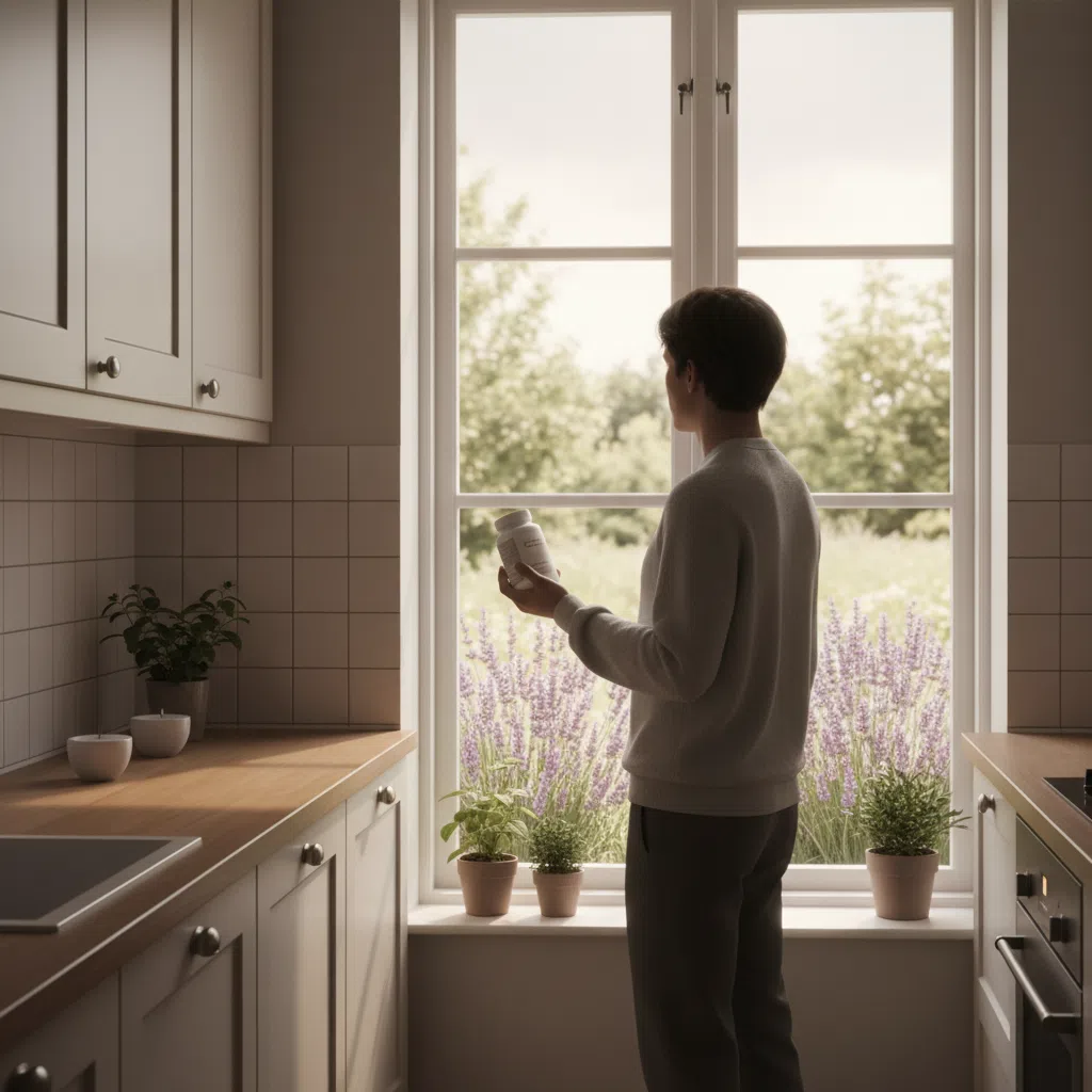 Persoon die uitkijkt over een zonnige tuin met een voedingssupplement in de hand