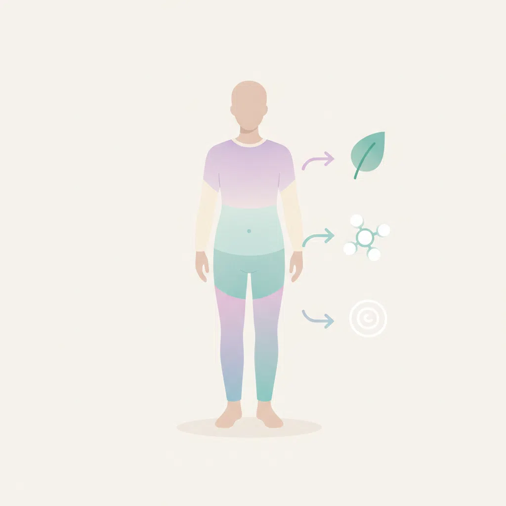 Educatieve infographic van een genderneutraal silhouet met kleurzones die metabolismestappen weergeven